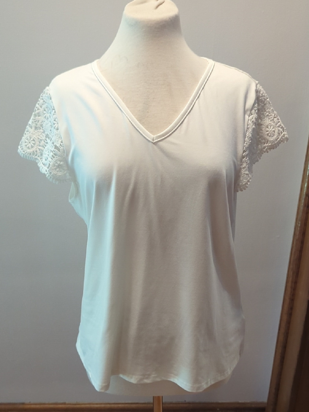 SHEIN White V-Neck Top with Lace Cap Sleeves